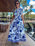 Wjczt 2025 New Blue Floral Print White Dresses Women Lace Hollow Out Long Dress Holiady Summer Bodycon Robe Elegant Ruffles Vestidos