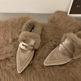 Wjczt Luxury Fur Furry Women Slippers Fur Flat Mules Fashion Velour Slides Indoor Outdoor Sexy Cotton Warm Slides Winter flats shoes