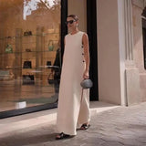 Wjczt Button Sleeveless Maxi Dress Women Elegant O-neck Loose Long Dress Robes 2024 New Female High Street Split Dresses Vestidos