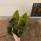 Wjczt Luxury Fur Furry Women Slippers Fur Flat Mules Fashion Velour Slides Indoor Outdoor Sexy Cotton Warm Slides Winter flats shoes