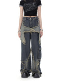 Wjczt New women star stitching tassel pants American retro high street jeans loose wide leg pants trendy punk y2k pants