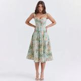 Wjczt Suninheart Summer Dress Women 2024 Green Lace Up Floral Print Dress Elegant with Boning Casual Party Holiday Dress High Quality