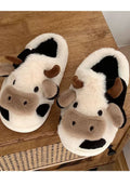 Wjczt Cute Cow Winter New Children Girl Cartoon Slipper Women Soft Heel Platform Fur Warm Indoor Comfortable Home Fluffy Home Slippers