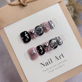 Wjczt 10Pcs Handmade Gothic Short Press on Nails Rhinestone Round Manicure Decoration Wearable Full Cover with Design Acrylic Nail Tip