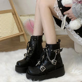 Wjczt Punk Black Chunky Platform Ankle Boots Women Winter Pu Leather Gothic Lolita Shoes Woman Metal Chain Thick Sole Y2K Boots