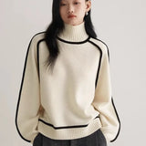 Wjczt 2024 Autumn/Winter New Loose Fit Turtleneck Pullover Sweater for Women, Striped Academy Style, Korean and Japanese Fashion