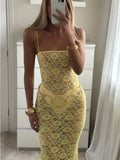 Wjczt Yellow Printed See-Through Maxi Dress Female Backless Slim High Waist Elegant Halter Dresses Women Bandage Spaghetti Dress