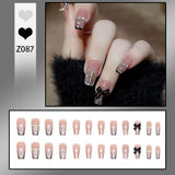 Wjczt 24P Nail Art Fake Nails Japanese Ballerina Press on Nails Set Diamond Streamer Flash Fly Butterfly Seamless Removable False Nail