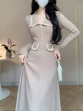 Wjczt Autumn Winter Long Sleeve Knitting Midi Dress Women Fashion Turn Down Collar Button Sweater Clothes Female Soft Ribbed Jumper