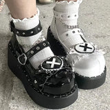 Wjczt Punk Metal Chain Platform Lolita Shoes Women Patent Leather Mary Jane Shoes Woman Japanese Style Flat Heels Ankle Straps Shoes