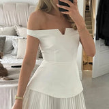 Wjczt Mini Dress Women Summer Fashion Solid Off Shoulder Strapless Backless Pleated Nipped Waist Mini Dresses Streetwear