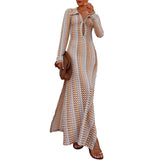 Wjczt Crochet Dress y2k Clothes Women Geometric Print Turn Down Collar Long Sleeve Long Dresses Vintage Beach Party Dresses