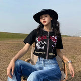 Wjczt  -American Vintage O Neck Tshirts Summer Half Sleeve Women Zipper Tees Y2k High Waist Camisetas Letter Embroidery Crop Tops