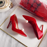 Wjczt 2024 New Pointed White Pearl 7cm Thin High Heel Women's Red Bridal Wedding Shoes