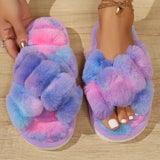 Wjczt Winter Indoor House Cotton Slippers Women's Colourful Plush Fluffy Flip Flops Fashion Cross Flannel Warm Flats Slippers