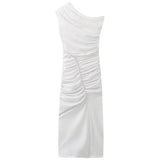 Wjczt Womens Dresses Summer 2024 Ruffle Asymmetric Dress Midi White Sleeveless Spandex Slit Dress Women's Elegant Parties Dresses