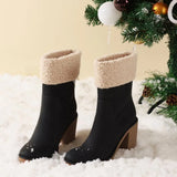 Wjczt  Winter Boots for Women Comfortable Side Zipper Mid Chunky Heel Suede Warm Fur Snow Ankle Boot Outdoor Party Shoes