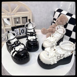 Wjczt Lovely Girls Lolita Gothic Shoes Monk Straps High Heels Cute Bowknots Cross Lace Flat Platform Mary Jane Shoes