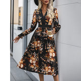 Wjczt Cross-border foreign trade vintage senior printed V-neck dress French elegant autumn new women's skirt