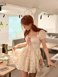 Wjczt 2024 Summer Floral Short Party Dress Women Casual Kawaii Clothing Y2k Mini Dress Office Lady Elegant One Piece Dress Korean Chic