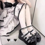 Wjczt Punk Goth Chunky Platform Pumps Women Autumn Bowtie Wedges Mary Jane Lolita Shoes Woman Heart Ankle Buckle Black Y2K Shoes