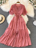 Wjczt New Women Vintage Party Dress Summer Puff Sleeve Sexy V Neck Lace Single-breasted Long Dresses Ladies A Line Elegant Long Robe