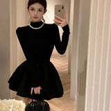 Wjczt Elegant Knitted Short Dresses for Women  Half High Collar Long Sleeve Ruffles A-line Korean Fashion Autumn New Y2K Solid Vestido