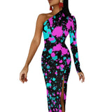 Wjczt Neon Paint Long Dress Women Graffiti Splatter Print Party Maxi Dress Summer Long Sleeve Sexy Bodycon Dresses Side Split Clothes