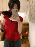 Wjczt Women Sweet Red Polka Dot Bow Top Tees French Puff sleeve Slim fit Slimming Cropped T-shirts Vintage Summer New Girls Clothes