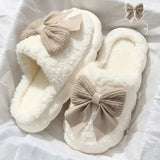 Wjczt Cotton Bowknot Slippers Ladies Winter indoor Home Warm Fluffy Shoes Comfortable Slippers 3.5CM Thick Sole Antislip