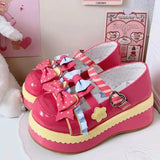 Wjczt Sweet Girls Lolita Gothic Shoes Monk Straps High Heels Cute Bowknots Flat Platform Mary Jane Shoes