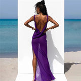 Wjczt Summer Holiday Beachwear Mesh See Through Maxi Dress Outfits for Women Sexy Backless Sleeveless Slit Long Dresses Summer Dress