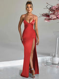 Wjczt Elegant Spaghetti Strap Backless Sexy Maxi Dress For Women Fashion Sleeveless Thigh High Split Club Party Long Dress