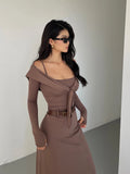 Wjczt Hooded Camisole Knitted Dress Elegant For Women Autumn New High Waisted Slim Belt Fashion Robe Korean Women Top 0PPB