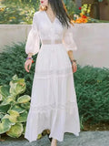 Wjczt Bohemian White Beach Dress Women Elegant Party Dresses Spring Auutm V-neck Sexy Hollow Out High Waist Long Robe Vestidos