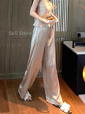 Wjczt Acetate Satin Wide-Leg Pants for Women 2024 Summer New High Waist Drooping Mop Trousers Baggy Straight Trousers Tide