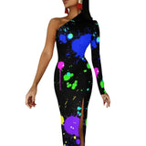 Wjczt Neon Paint Long Dress Women Graffiti Splatter Print Party Maxi Dress Summer Long Sleeve Sexy Bodycon Dresses Side Split Clothes