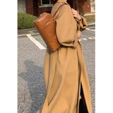 Wjczt Women Elegant Long Woolen Coat with Belt Autumn Winter New Fashion Solid Lapel Long Sleeve Chic Outerwear Ladies Casual Overcoat