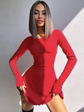 Wjczt Ribbed Long Sleeve Sexy Mini Dress For Women Autumn Winter New O Neck Bandage Lace-up Fashion Elegant Dress Vestidos