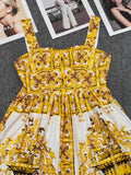 Wjczt Fashion yellow flower porcelain printed corset cup suspender dress 2024 summer women's new waist swing long A-line skirt