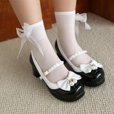 Wjczt 2025 New Women Round Toe Pumps Patent Leather Pearls Bow Buckle Cute Lolita Girls Shoes Platform Block Heels Mary Jane Shoes 48