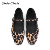 Wjczt Smile Circle Velvet Mary Jane Ballet Flats Women Shoes Leopard Print Comfortable Soft Round Toe Flat Shoes for Women