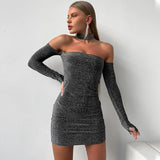 Wjczt Elegant Fashion Glitter Off Shoulder Mini Dress Christmas Outfits for Women Long Sleeve Bodycon Dresses Party Club Sexy Dress