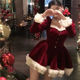 Wjczt Elegant Velvet Lace Ruffles Patchwork Short Dresses for Women Long Sleeve A-line Korean Fashion Christmas Birthday Party Dress