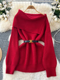 Wjczt Women Knitted Sweater Autumn Winter Sexy Off Shoulder Lapel Slim Pullover Tops Female Solid Long Sleeve Korean Casual Sweaters