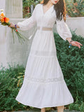 Wjczt Bohemian White Beach Dress Women Elegant Party Dresses Spring Auutm V-neck Sexy Hollow Out High Waist Long Robe Vestidos