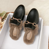 Wjczt  winter women's plush outdoor slippers mules Metal British style Genuine fur rabbit flats Ladies casual shoes