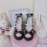 Wjczt Sweet Girls Lolita Sweet Bowknots Platform Shoes,Students Kawaii Small Bell Heart Shaped Straps Flat Elevator Mary Janes