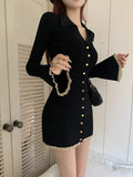 Wjczt Coquette Black Mini Cabaret Dress Women Korean Style Y2k Sweet Ruffles Long Flare Sleeve Tunic Knitted Dresses Autumn