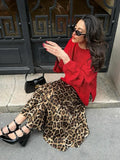 Wjczt 2024 Vintage Women's Leopard Print Satin Skirt Female Summer High Waist Midi Skirt Woman Fashion Elegant Long Skirts